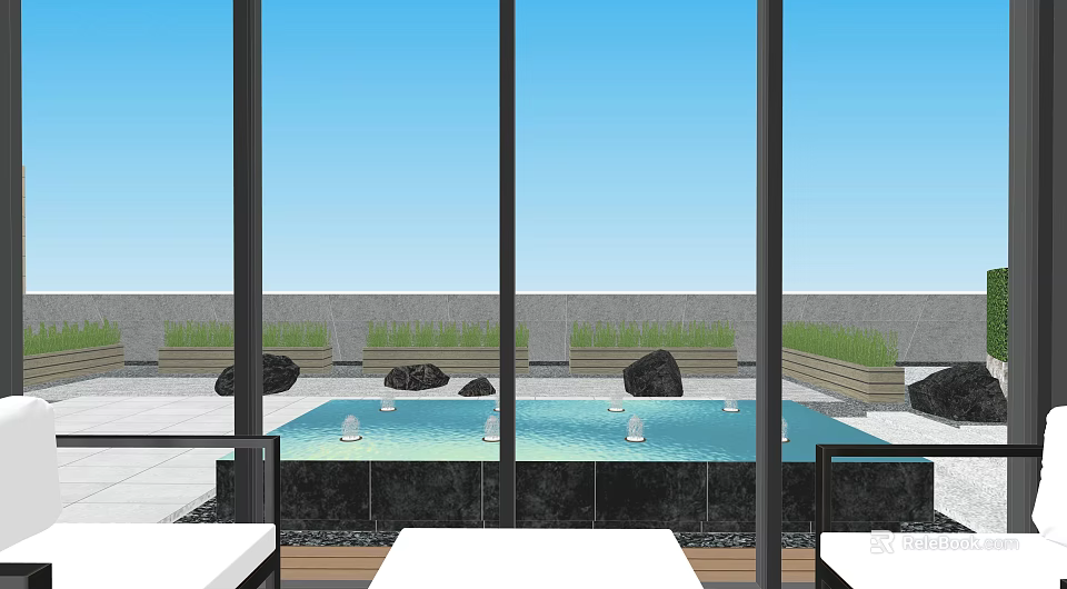 Rooftop Garden With Lush Green Plants Water Pool And Seating Area 3d model 