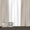 Brown Thick Curtains with White Sheer Curtains and Lion Patterned Pillows by Window 3d model