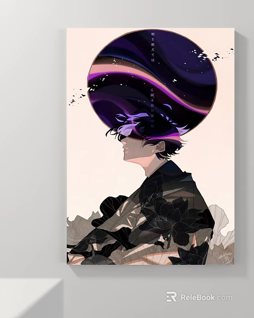 Artistic Portrait Illustration Featuring Character With Galaxy Swirl Head Purple Hair And Black Floral Clothing 3d model 