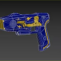 Blue Toy Gun Design With Gold Accents Yellow Figure And Lightning Bolt Patterns