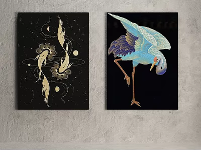 Animal Paintings With Golden Fish Blue Crane And Cosmic Elements On Black Background 3d model