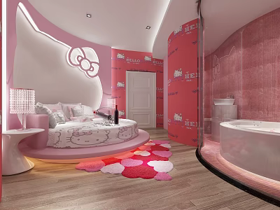 Hello Kitty Themed Hotel Room with Round Bed Pink Wall Art and Bathtub 3d model