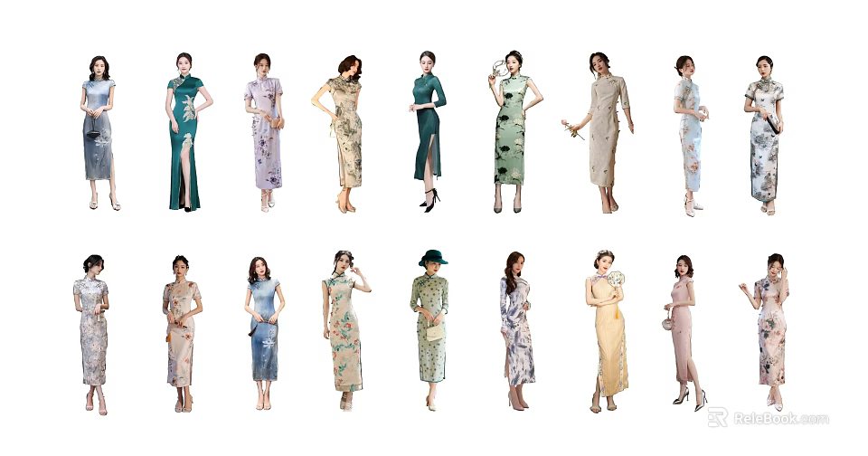 Group of Women Wearing Traditional Qipao with Various Colors and Floral Patterns 3d model 