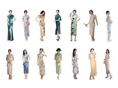 Group of Women Wearing Traditional Qipao with Various Colors and Floral Patterns 3d model