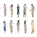 Group of Women Wearing Traditional Qipao with Various Colors and Floral Patterns