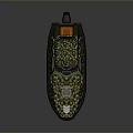 Camouflage Patterned Boat Design With Blue Cockpit Antennas And Green Hull