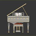 Elegant Ornate Piano With Golden Painted Artwork Red Stool And Small Photo Frame