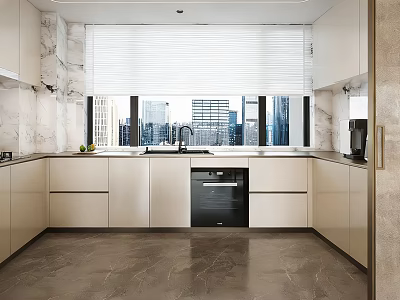 Modern Kitchen Interior With White Cabinets Marble Countertop And Large City View Window 3d model