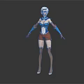 3D Female Character With White Short Hair Mechanical Arms Blue White Outfit And Brown Shorts