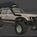 White Off Road SUV With Roof Rack Surfboard Luggage Muddy Body And Off Road Tires