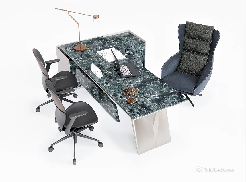 Office Desk With Marble Top Lamp Laptop Papers Decor And Black Blue Chairs 3d model 