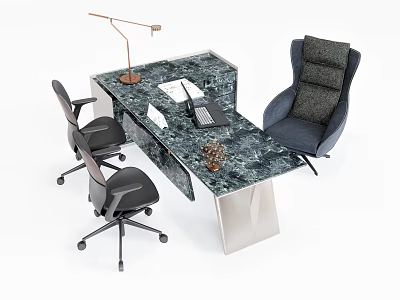 Office Desk With Marble Top Lamp Laptop Papers Decor And Black Blue Chairs 3d model