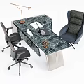 Office Desk With Marble Top Lamp Laptop Papers Decor And Black Blue Chairs