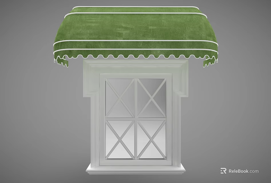 Green Scalloped Awning Over White Window With Cross Panes And Architectural Detail 3d model 