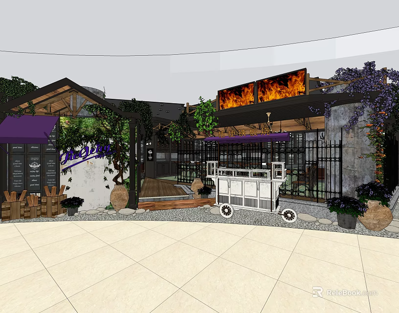 Outdoor Restaurant With Purple Awning Iron Fence Vines Green Plants And Wooden Decor 3d model 
