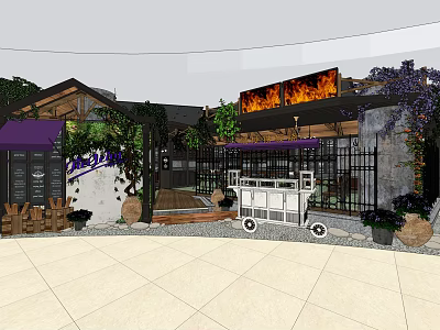 Outdoor Restaurant With Purple Awning Iron Fence Vines Green Plants And Wooden Decor 3d model