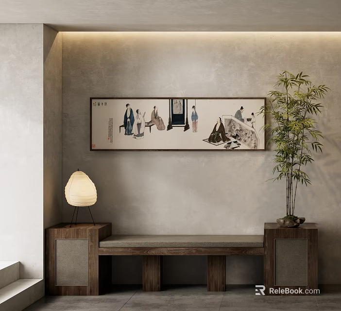 Traditional Chinese Figure Painting With Figures Landscape Hanging Wall Wooden Bench Table Lamp Bamboo Plant 3d model 