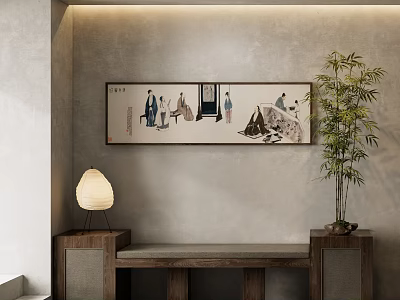 Traditional Chinese Figure Painting With Figures Landscape Hanging Wall Wooden Bench Table Lamp Bamboo Plant 3d model