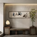 Traditional Chinese Figure Painting With Figures Landscape Hanging Wall Wooden Bench Table Lamp Bamboo Plant