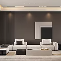 Modern Living And Dining Room Interior With Sofa Dining Table Pendant Lights And Marble Wall
