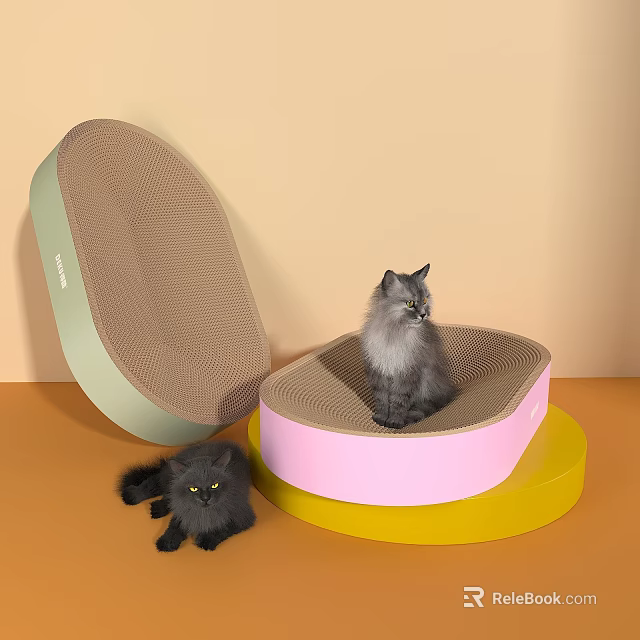 Gray Cat On Pink Scratcher With Green Open Scratcher And Black Cat Lying 3d model 