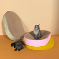 Gray Cat On Pink Scratcher With Green Open Scratcher And Black Cat Lying
