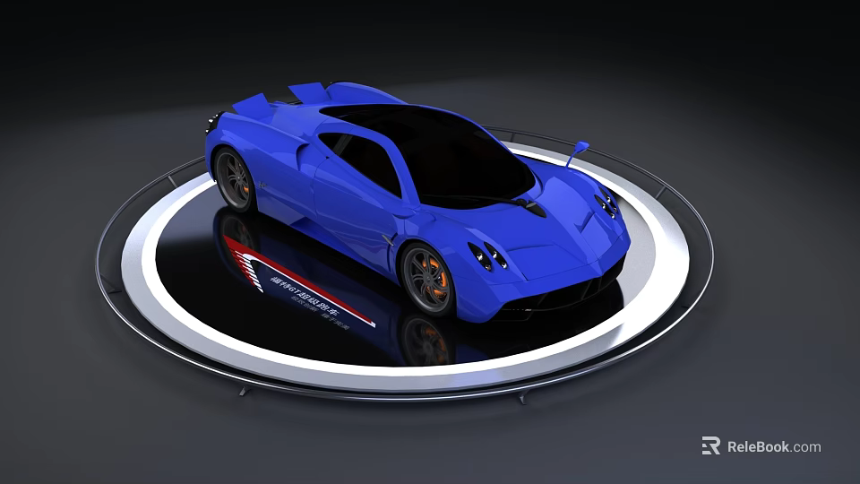 Elegant Circular Display Stand Showcasing Blue Sports Car On Reflective Base 3d model 