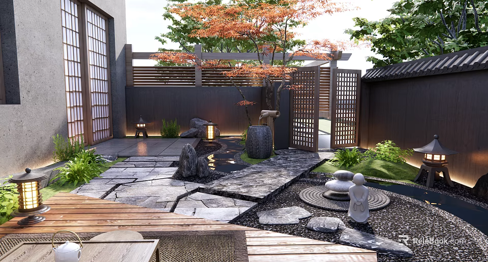 Japanese Zen Courtyard Garden With Stone Path Red Maple Tree And Stone Lanterns 3d model
