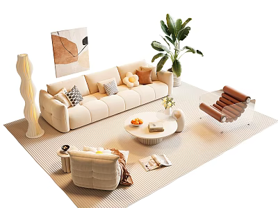 Cream Colored Sofa and Coffee Table Set with Cushions Fruit Tray Books Armchair and Plant 3d model