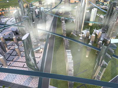 Modern Swing Doors For Futuristic Urban Buildings With Green Areas And Sky Bridges 3d model