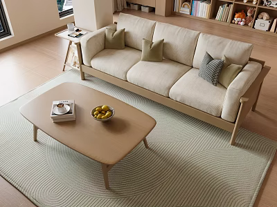 Modern Beige Sofa With Cushions And Wooden Coffee Table Set On Striped Rug 3d model