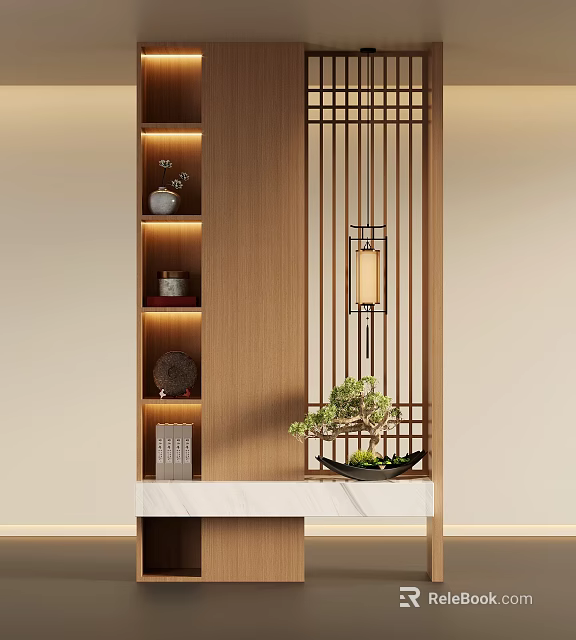 Modern Chinese Style Entryway With Wooden Lattice Lantern And Bonsai Plant On Marble Countertop 3d model 