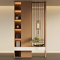 Modern Chinese Style Entryway With Wooden Lattice Lantern And Bonsai Plant On Marble Countertop