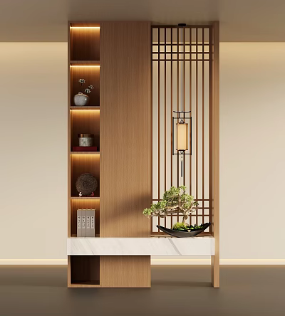 Modern Chinese Style Entryway With Wooden Lattice Lantern And Bonsai Plant On Marble Countertop 3d model