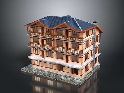 Three Story Wooden Building With Dark Roof Multiple Balconies And Stone Base 3d model