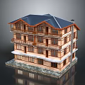Three Story Wooden Building With Dark Roof Multiple Balconies And Stone Base