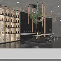 Modern Restaurant Interior With Wine Racks Bar Counter Green Plant And Chandelier