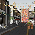 Vibrant Commercial Landscape Pedestrian Street With Storefronts Green Awnings Pedestrians And Colorful Decorations