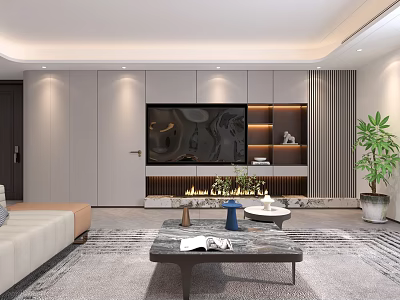 Modern Living and Dining Room Interior With TV Wall Sofa Coffee Table And Potted Plant 3d model