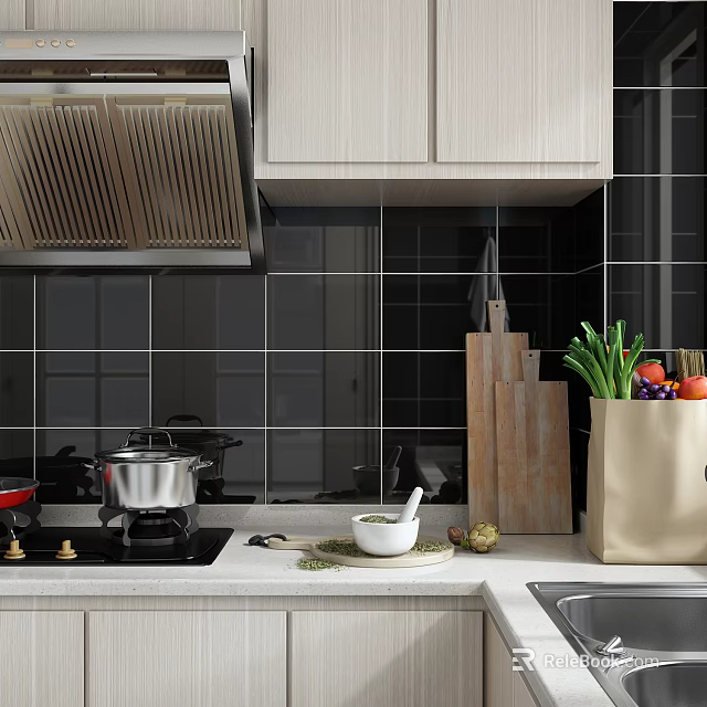 Modern Kitchen Interior With Black Tile Backsplash Wooden Cutting Boards And Fresh Produce 3d model 