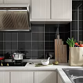 Modern Kitchen Interior With Black Tile Backsplash Wooden Cutting Boards And Fresh Produce