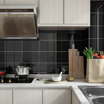 Modern Kitchen Interior With Black Tile Backsplash Wooden Cutting Boards And Fresh Produce 3d model