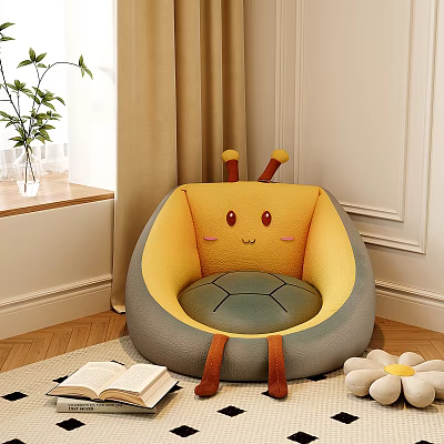 Cute Bee Shaped Yellow And Gray Bean Bag Chair In Cozy Living Room 3d model