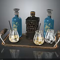 Elegant Beverage Tray Setup With Blue Black Bottles Glasses And Straws For Drink
