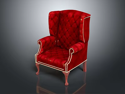 Red Velvet Tufted Wingback Armchair With Wooden Legs And White Stitching 3d model
