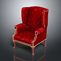 Red Velvet Tufted Wingback Armchair With Wooden Legs And White Stitching