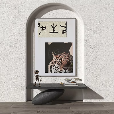 Animal Painting With Leopard Head On Light Colored Wall Small Table Below With Decorations 3d model
