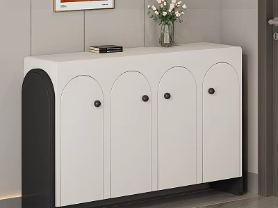 Modern White and Black Shoe Cabinet with Arched Doors and Decorative Books Vase 3d model