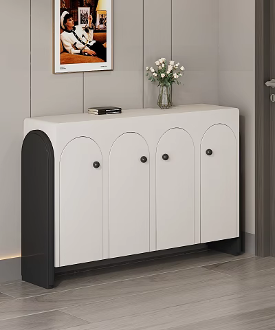 Modern White and Black Shoe Cabinet with Arched Doors and Decorative Books Vase 3d model