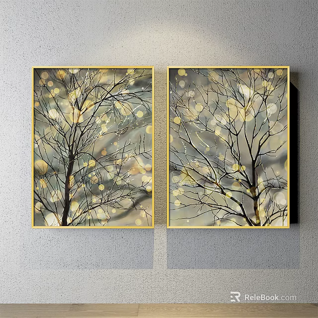 Two Panel Botanical Paintings With Tree Branches Golden Light Spots Golden Frames On Light Background 3d model